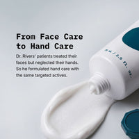 A white squeeze tube of hand cream with dark teal accents, shown with cream smeared in front on a light gray background. Text on the left reads, 'From Face Care to Hand Care' with descriptive copy about Dr.