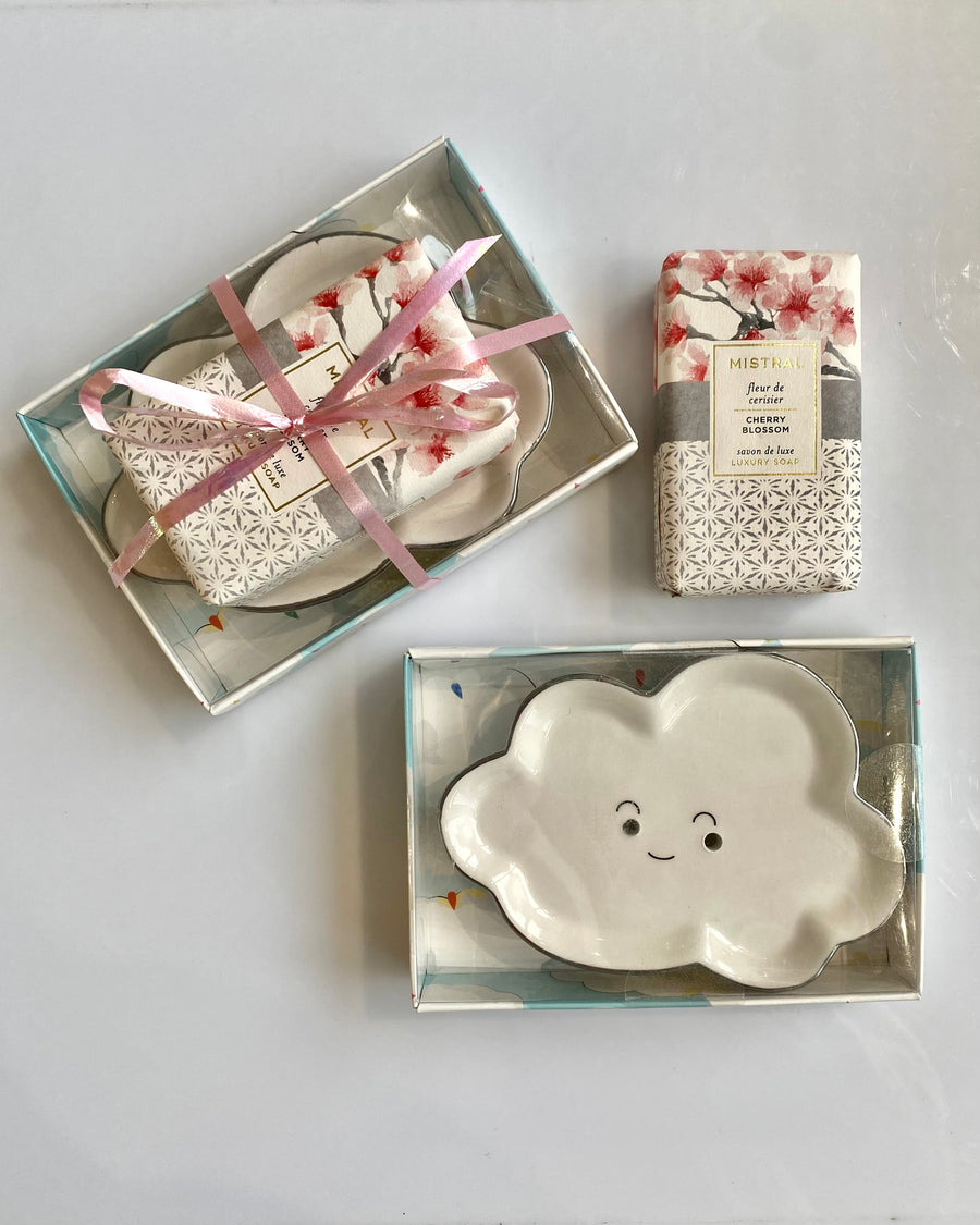 Adorable Soap Duo: Happy Cloud Soap Dish + Mistral Cherry Blossom luxury soap