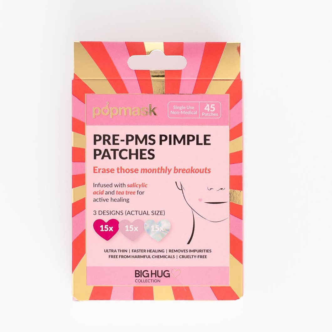 Pack of pre-PMS pimple patches with colorful packaging on a white background