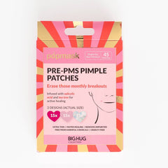 Pack of pre-PMS pimple patches with colorful packaging on a white background