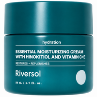 A teal blue cylindrical jar of Riversol Hydration Essential Moisturizing Cream with Hinokitiol and Vitamin C+E, on a clean white background.