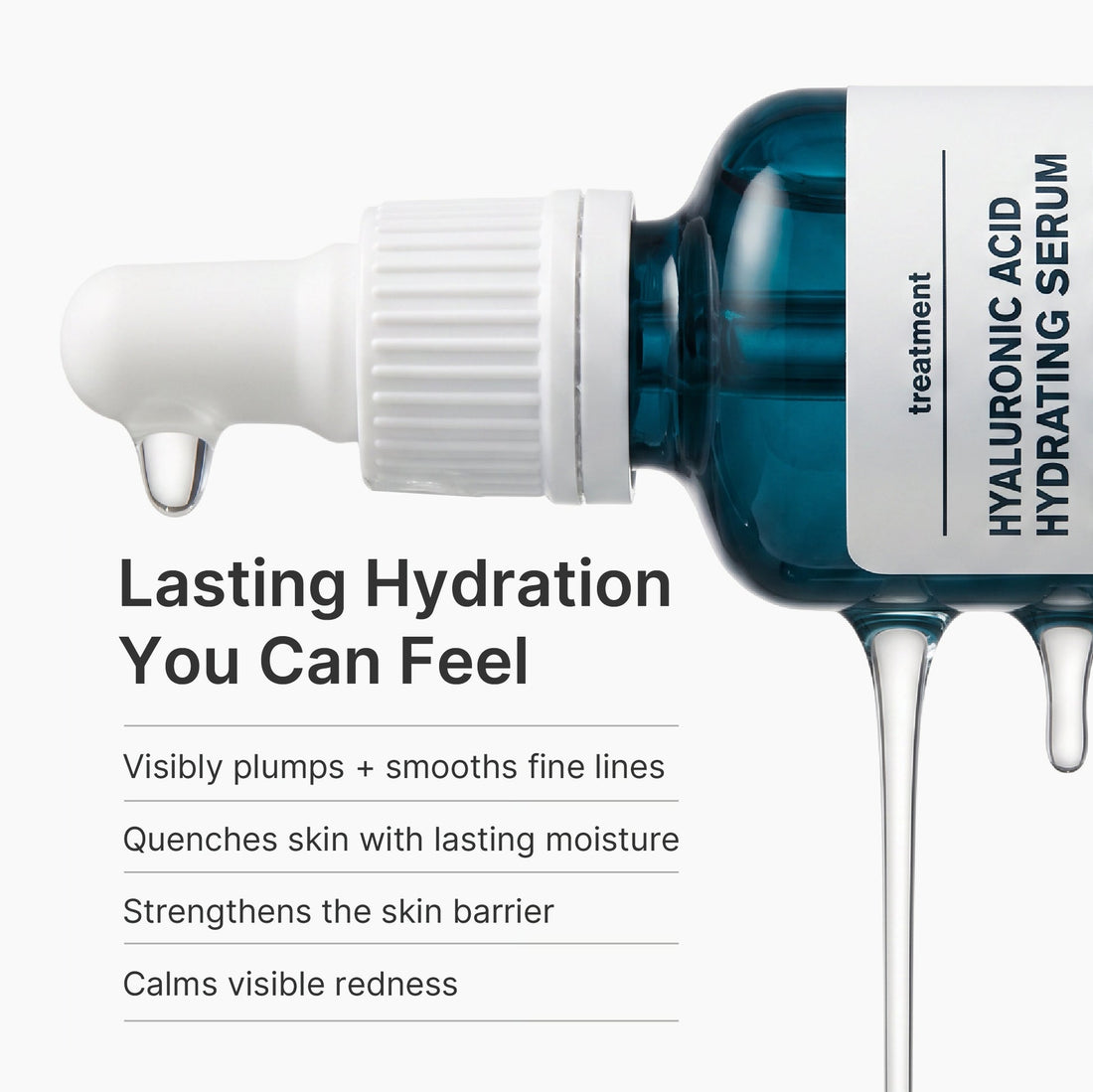 A blue glass dropper bottle labeled 'HYALURONIC ACID HYDRATING SERUM' with a white dropper cap, shown on a white background with a drop of serum dripping from the tip. Text on the left reads 'Lasting Hydration You Can Feel' with feature callouts below.