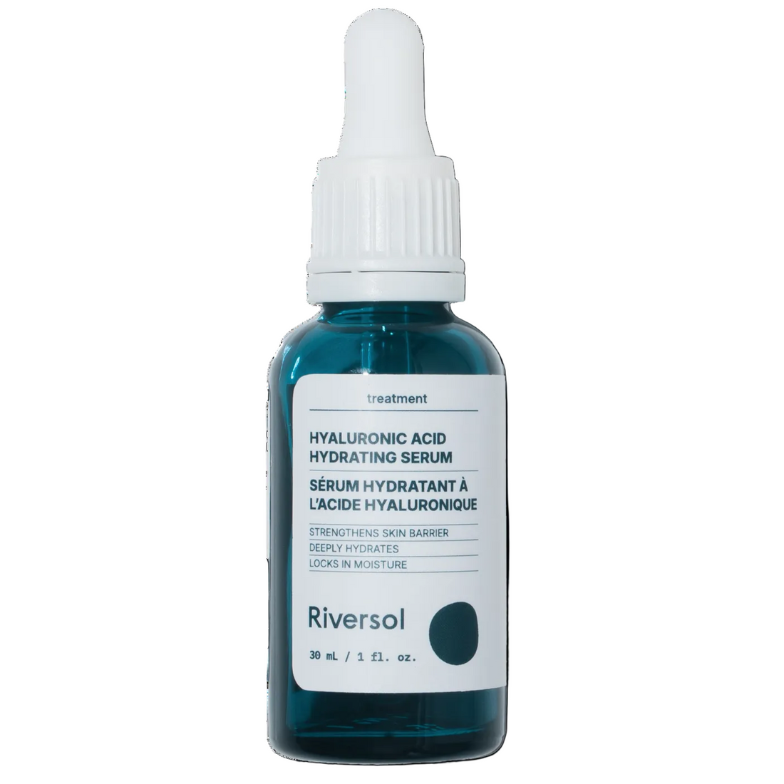 A 30 ml dropper bottle of Riversol Hyaluronic Acid Hydrating Serum, featuring a translucent blue bottle and a white dropper cap, set against a clean white background with a soft shadow.