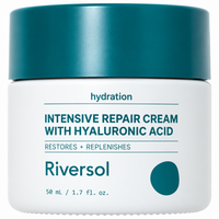 A white cosmetic jar with a teal lid and teal text, labeled 'Riversol Hydration Intensive Repair Cream with Hyaluronic Acid' on a plain white background.