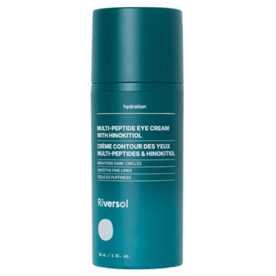 Riversol Multi-Peptide Eye Cream in a teal cylindrical bottle with white text, shown on a solid white background.
