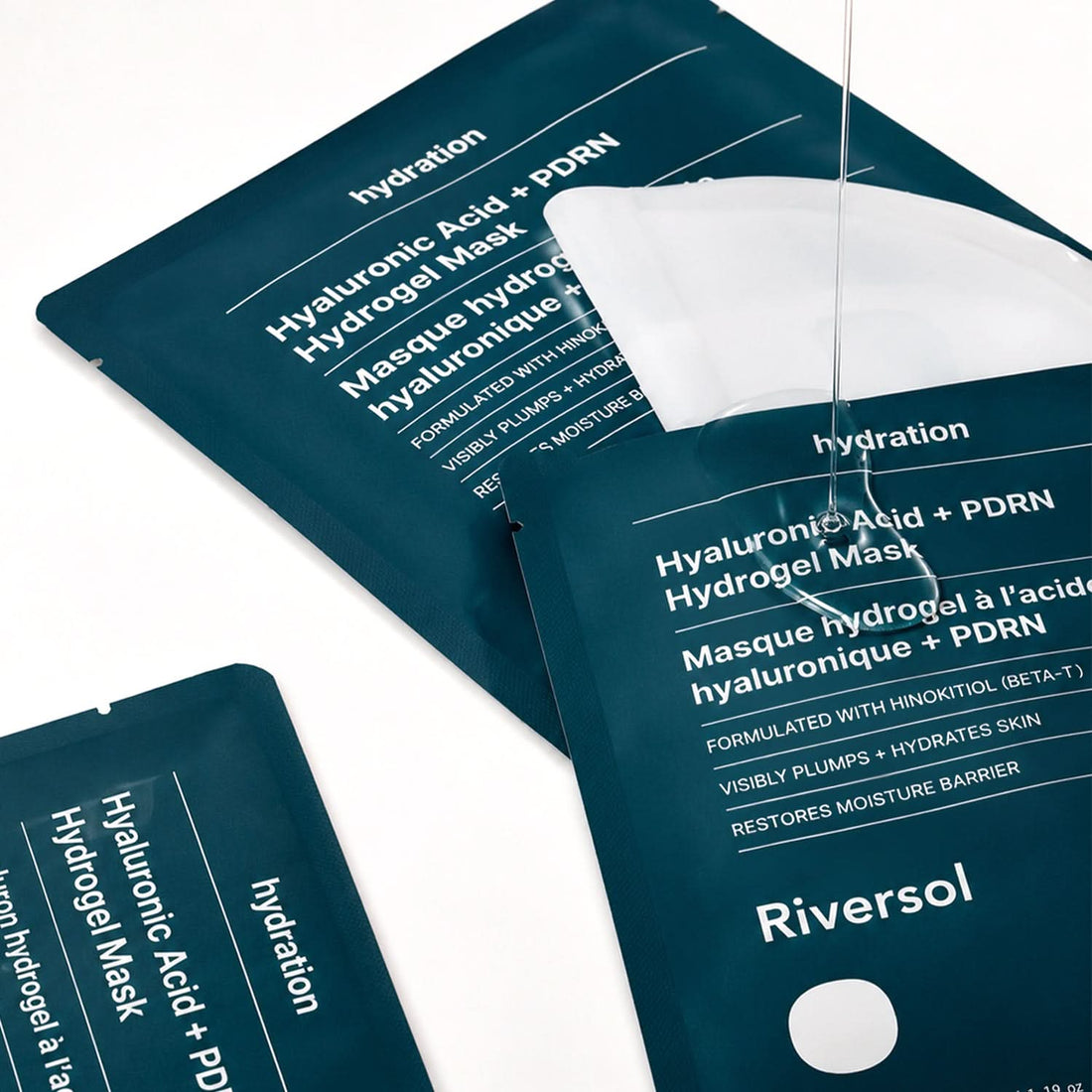 Hyaluronic Acid + PDRN Hydrogel Mask packaging with visible branding on a light gray background