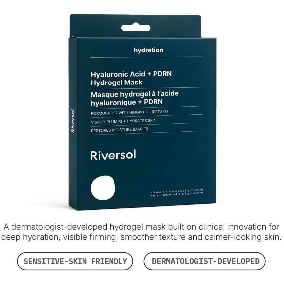 Riversol Hyaluronic Acid + PDRN Hydrogel Mask packaging box in dark teal, shown on a white background with descriptive text below.