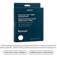 Riversol Hyaluronic Acid + PDRN Hydrogel Mask packaging box in dark teal, shown on a white background with descriptive text below.