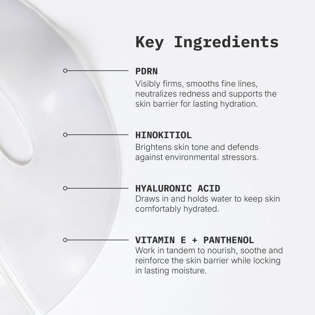 List of key ingredients for riversol hydrogel PDRN sheet mask with descriptions on a white background
