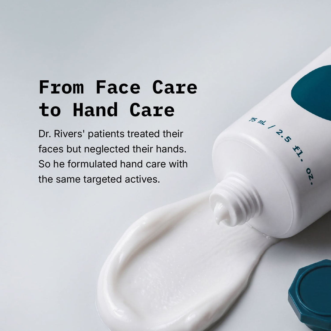 A white squeeze tube of hand cream with dark teal accents, shown with cream smeared in front on a light gray background. Text on the left reads, 'From Face Care to Hand Care' with descriptive copy about Dr.